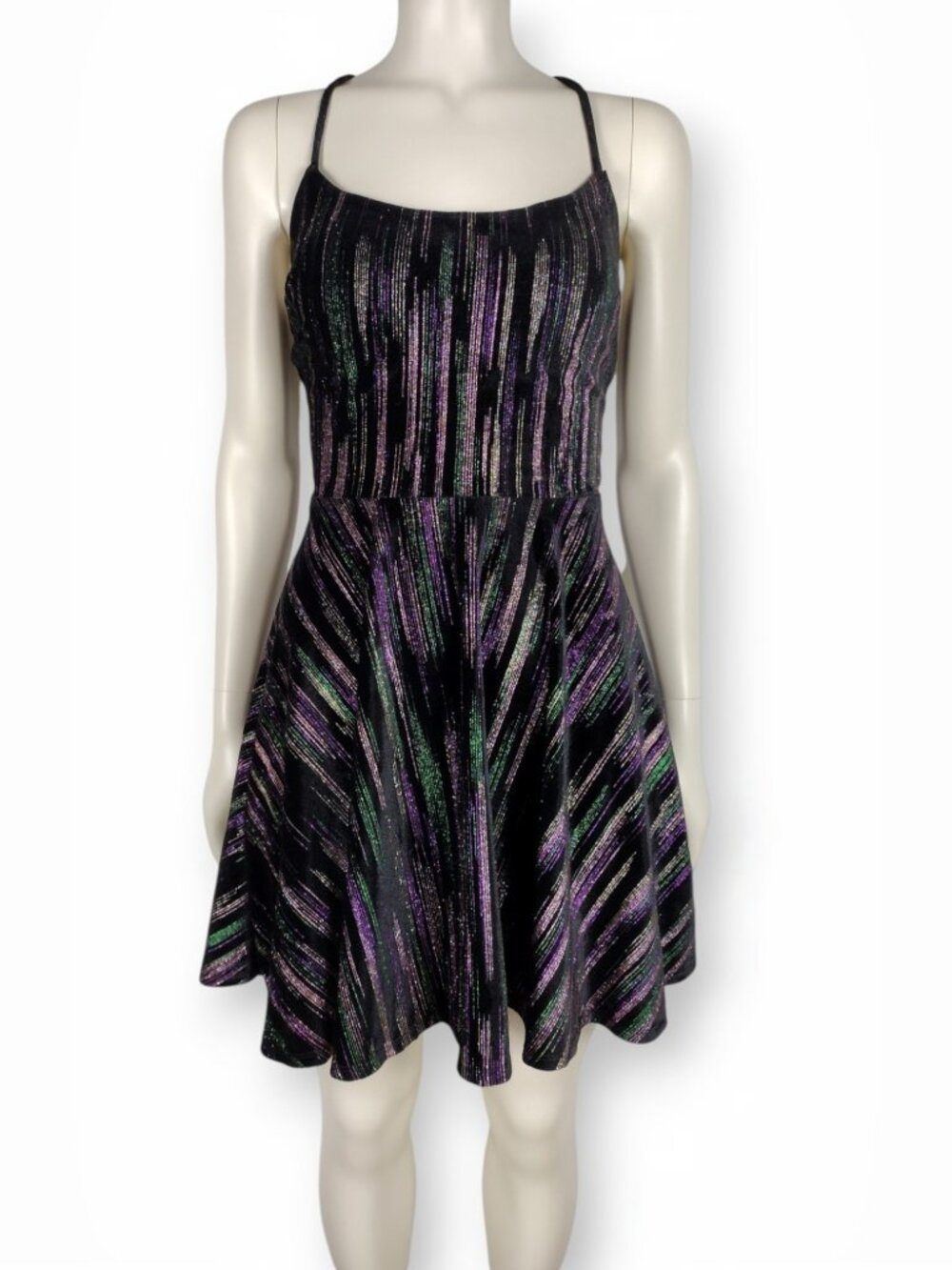 Vintage Y2K City Studio Glitter Striped Black Velvet Fit and Flare Mini Dress